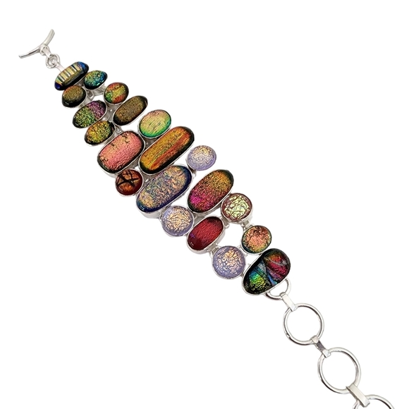 Artisan Jewelry - Silver dichroic glass bracelet art glass blue green red green orange  Q07
